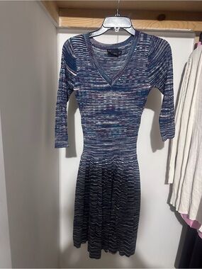 Just...Taylor Navy Multi V-Neck Striped Knit Long Sleeve Dress